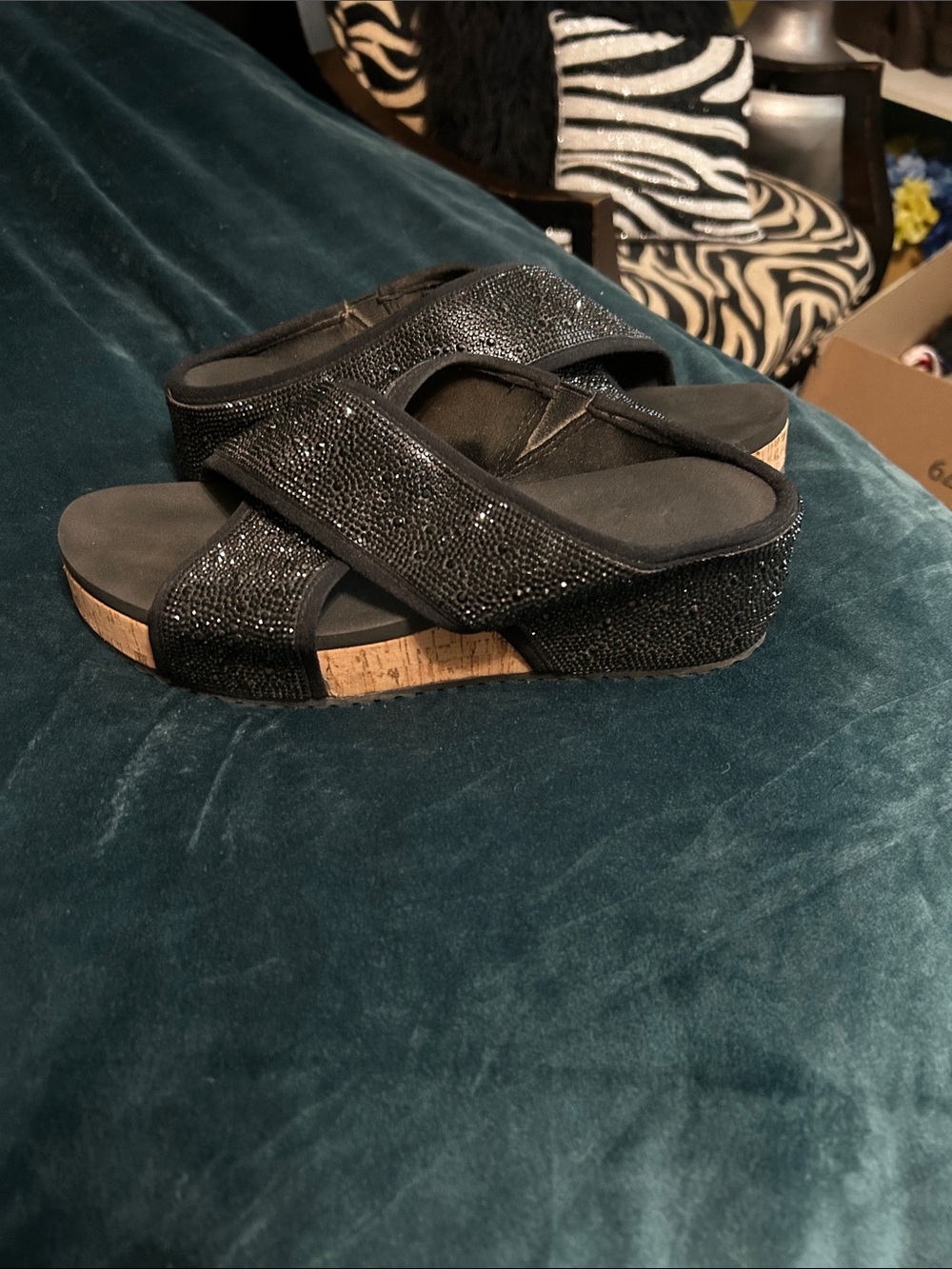 Black Beaded Cork-Wedge Slide Sandals